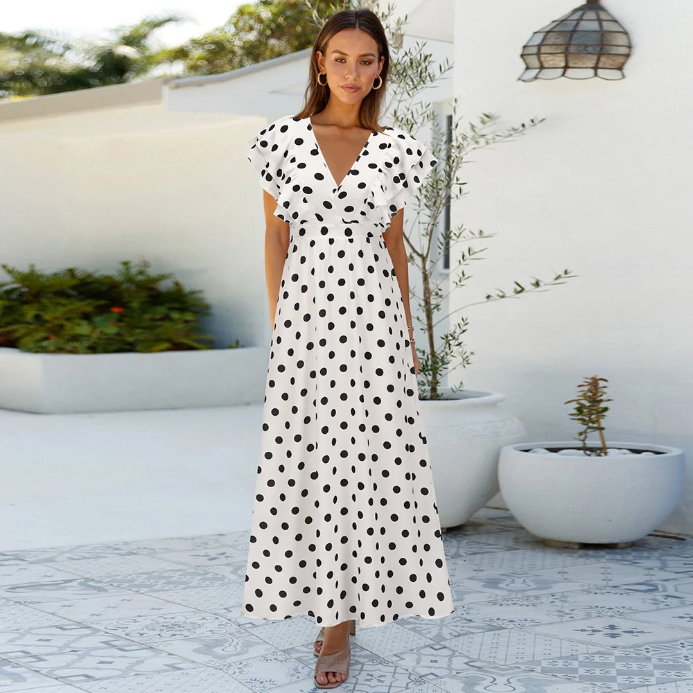 V-neck polka dot dress European and American trend summer new sexy dress loose long plus size beach skirt ins hot sale 2022 new