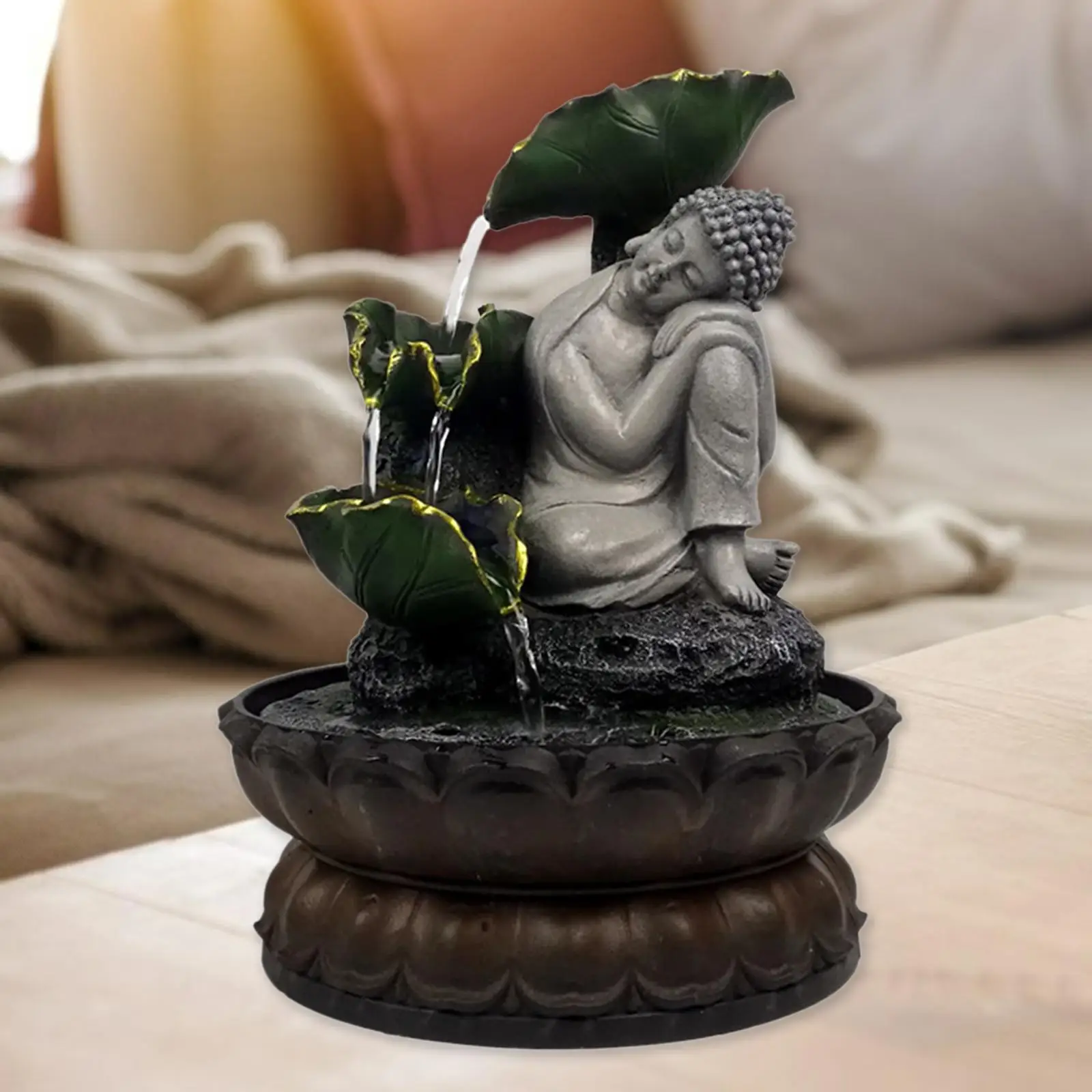 Buddha Tabletop Water Fountain Decoration Landscape Resin Feng Shui Sculpture Running Water with Light Water Feature for Desk