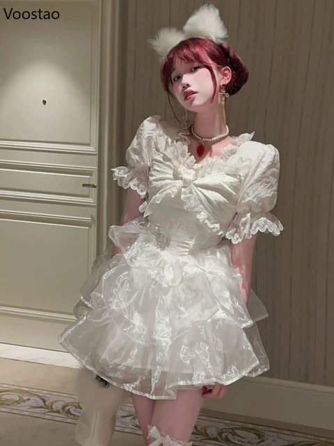 Japanese Kawaii Lolita Dress Women Elegant Sweet Lace Ruffles White Strap  Dresses Sexy Korean Fashion Birthday Party Fairy Dress