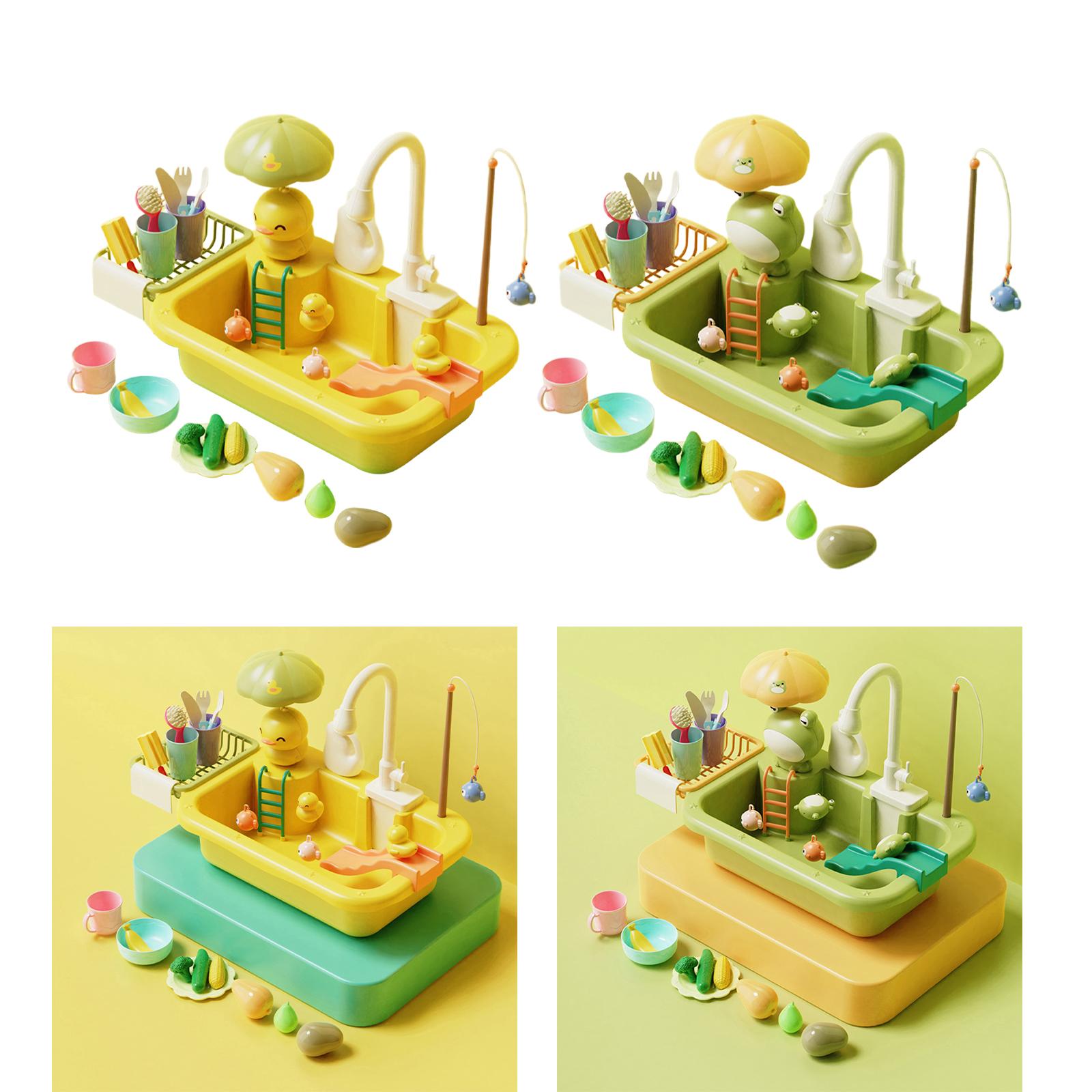 Kitchen Sink Toys Automatic Water Cycle System Pretend Play Faucet and Dishes Playset for Unisex Girls Boys Gifts