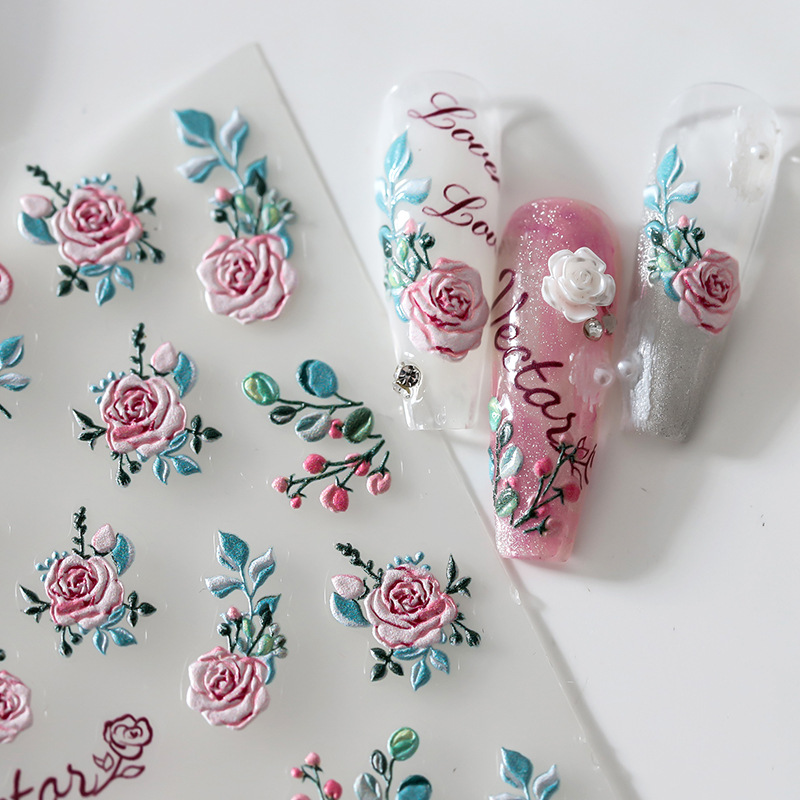 Best of Acrylic Engraved Nail Sticker Big Pink Flowers Green Leaf Self-Adhesive Nail Transfer Sliders Wraps Manicures Foils Z0666 Reviews & Tips