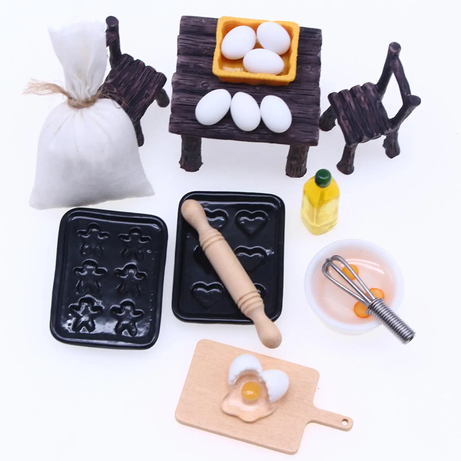 1:12 Dollhouse Cooking Miniature Desk and Chair Set Rolling Pin Tray Egg Bowl Olive Oil Pretend Play Toy Set Decoration Gift