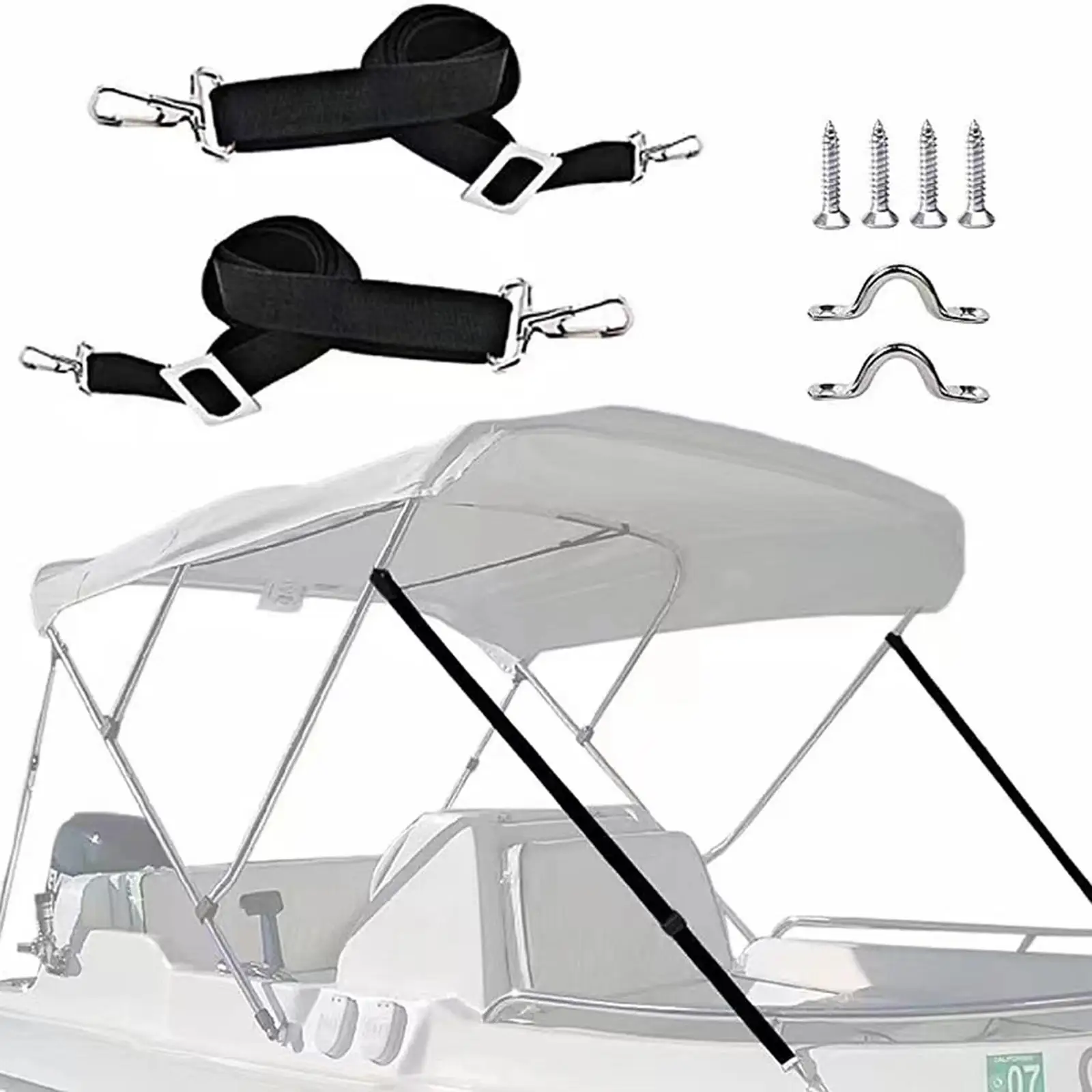 2Pcs Adjustable Bimini Top Straps Boat Strap Pad Eye Straps W/ Loops and Hook