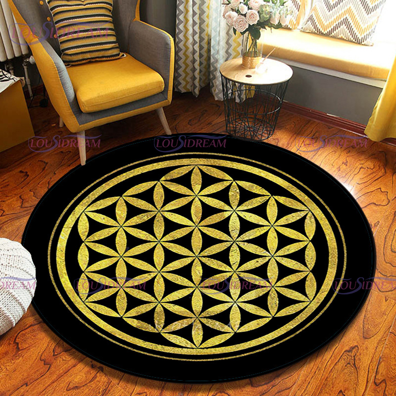 Title 12, Geometric Symbols Flower of Life Round Rug Sacr...