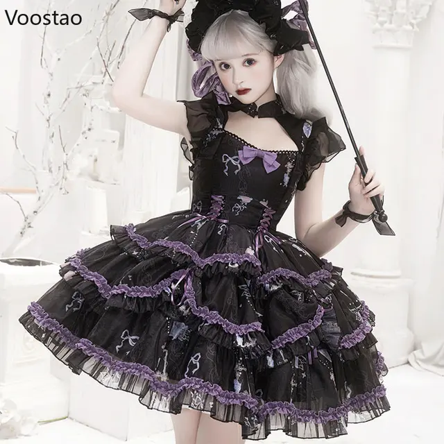 Vintage Gothic Y2k Lolita OP Dress Victorian Harajuku Girls Bow 