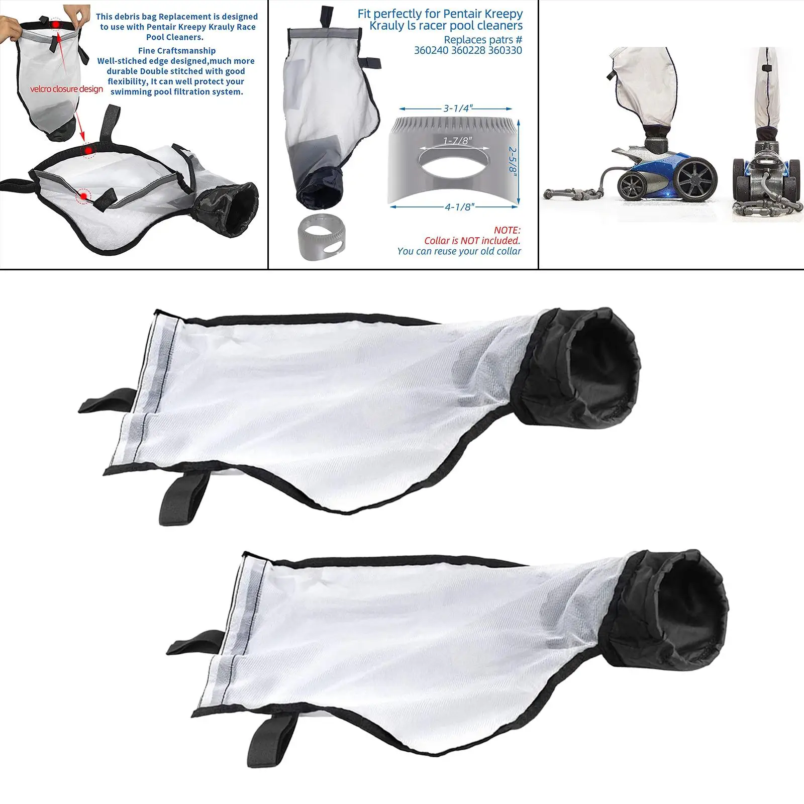 2x Pool Cleaner Filter Bag All Purpose Net Easy to Install Pouch Mesh Bag for Pentair Racer 360228 for Pentair Racer LS 360330