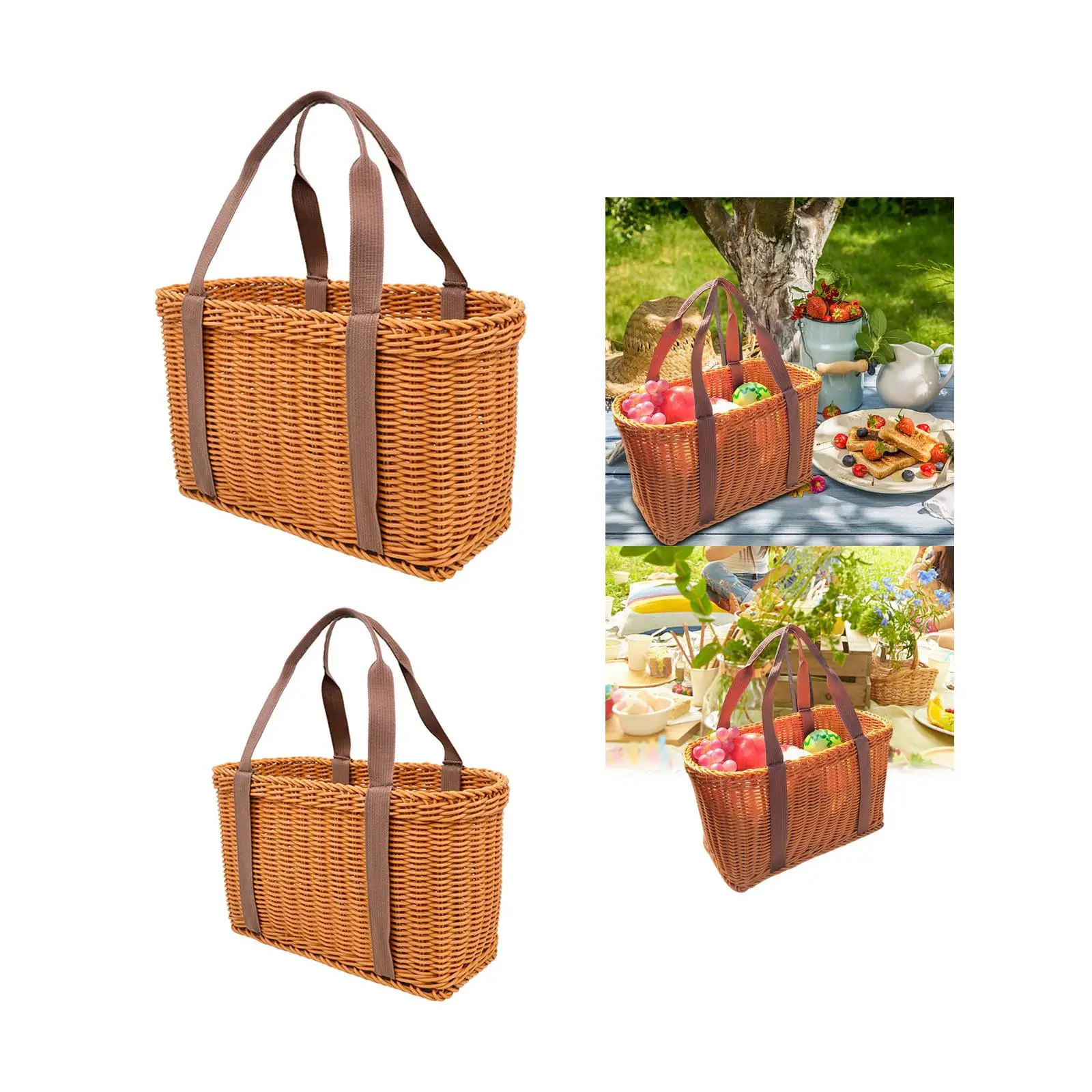 Woven Basket Storage Serving Basket Multipurpose Reusable Container Woven Grocery Bag Picnic Hamper for Beach Kitchen
