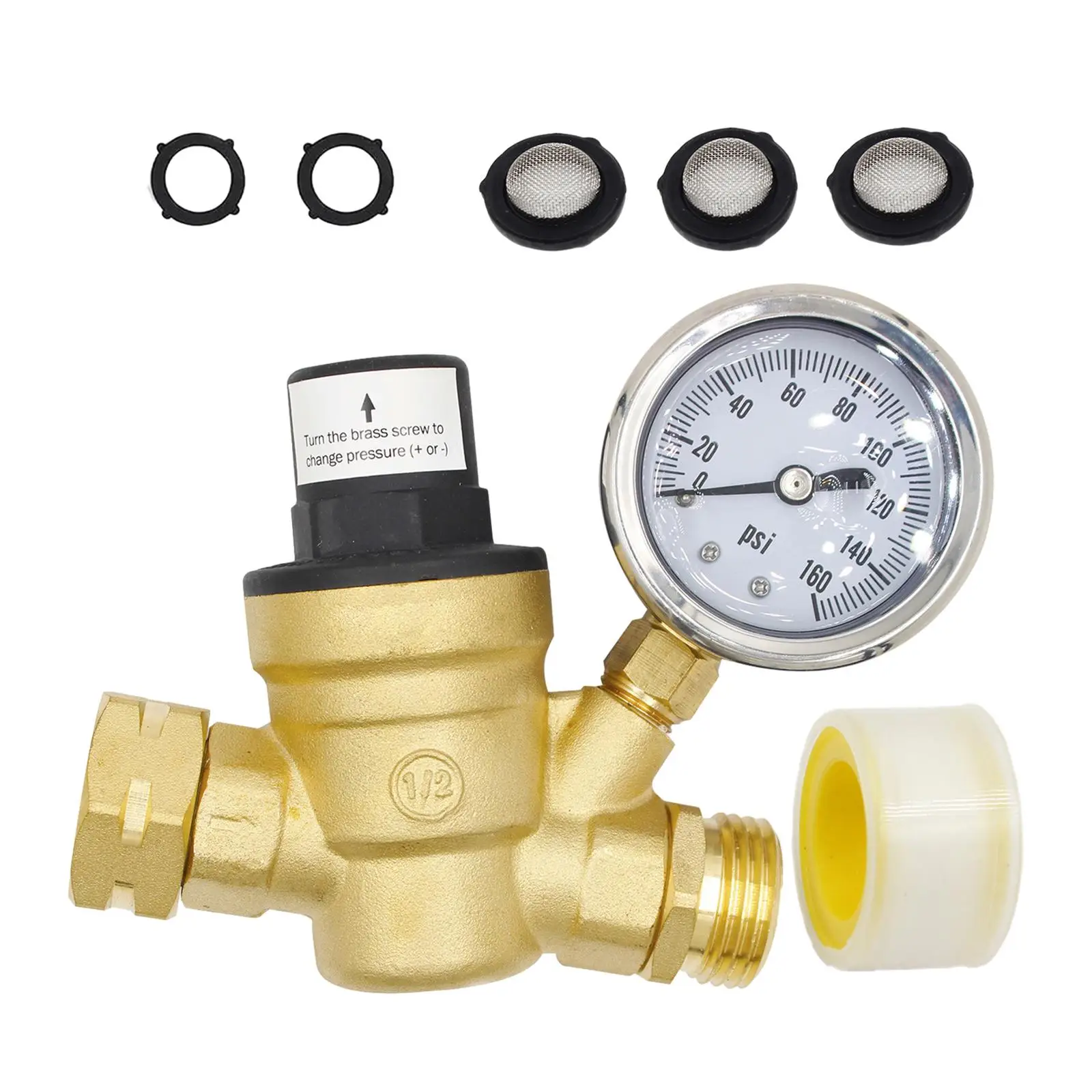 Water Pressure Valve Easy Connection to Faucet 3/4in Plumbing System RV with Gauge 160PSI Garden Water Pressure Reducing Valve