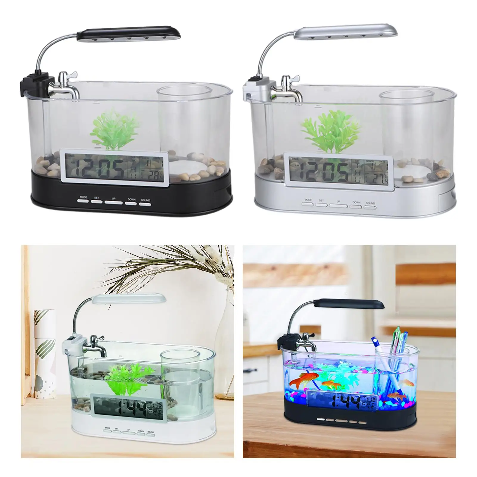 Fish Tank with Leach Accessories Mini Landscape Transparent Pump LCD Lamp Decoration for Goldfish Small Fish Turtle Office