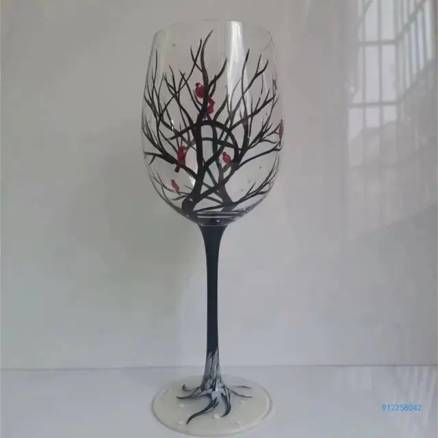 ART & ARTIFACT Four Seasons Tree Wine Glasses Set of 4 Unique Hand Painted  Wine Glasses with Stem, 10 Inch, 22 Ounce