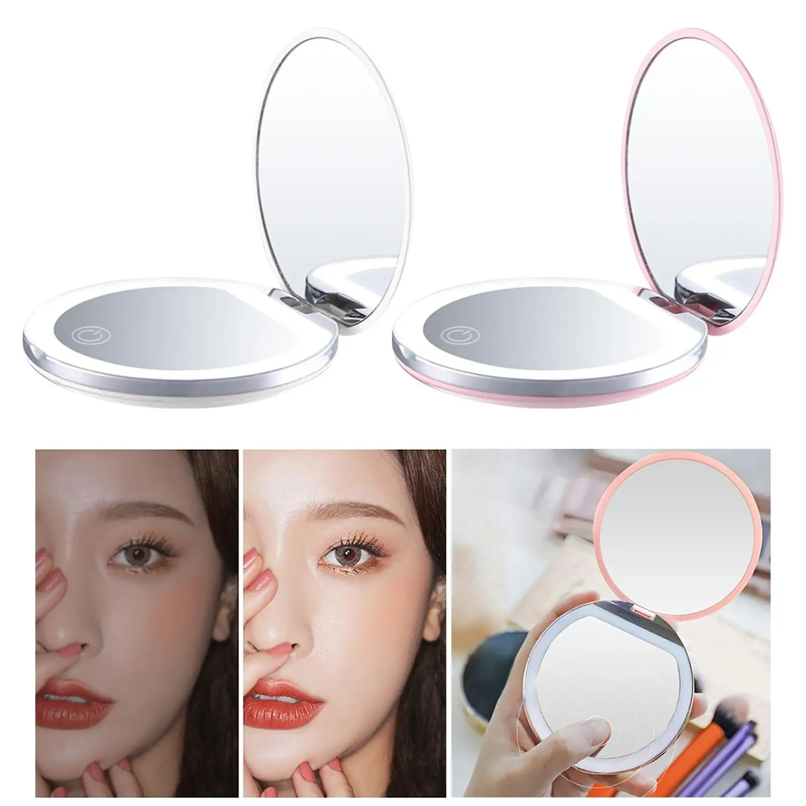 Portable Mini Makeup Mirror Compact Pocket USB Chargeable Folding Makeup Mirror with LED Light Cosmetic Mirror for Gift