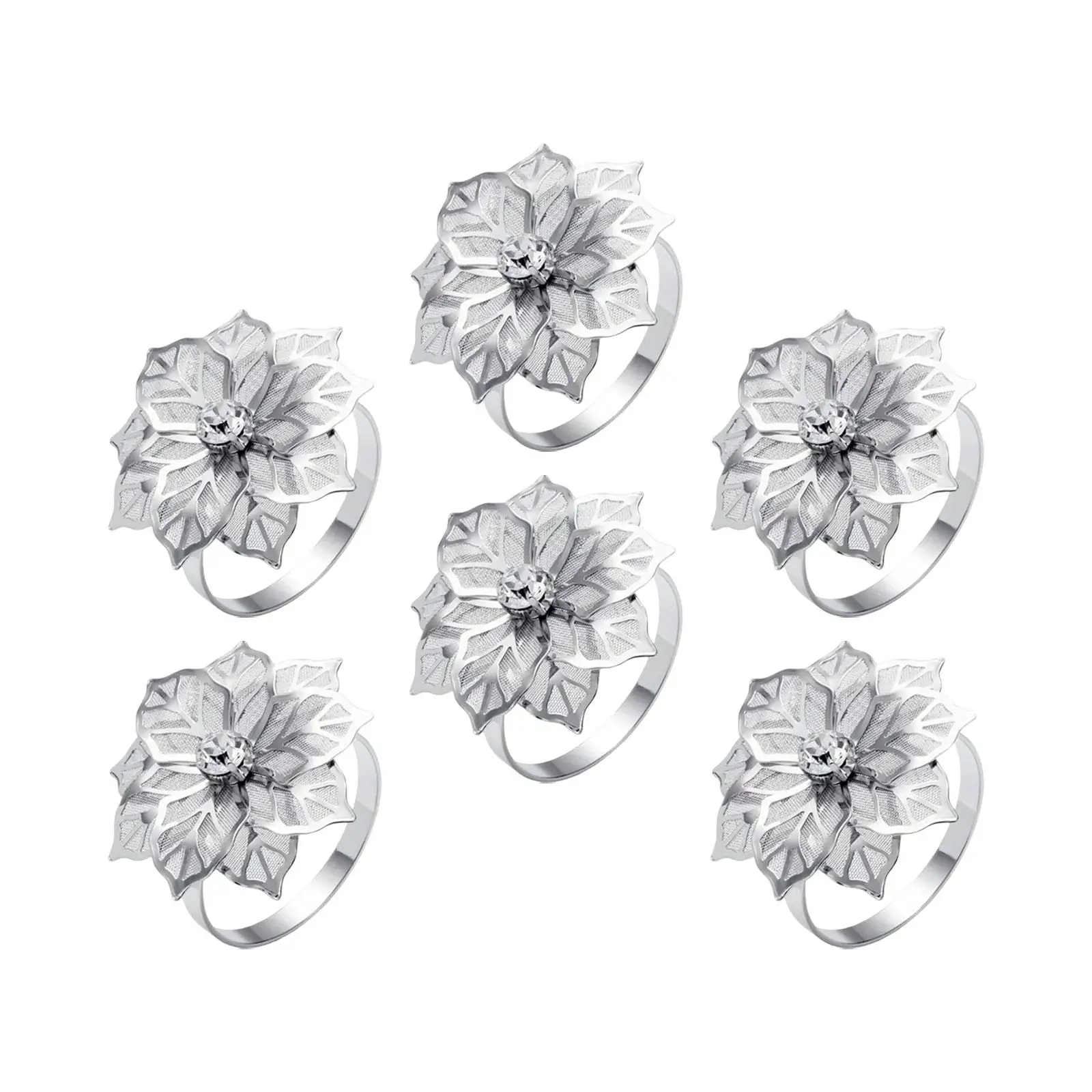 6Pcs Flowers Napkin Rings Decoration Floral Crafts Rhinestone Serviette Buckles for Dining Birthday Hotel Thanksgiving Holiday