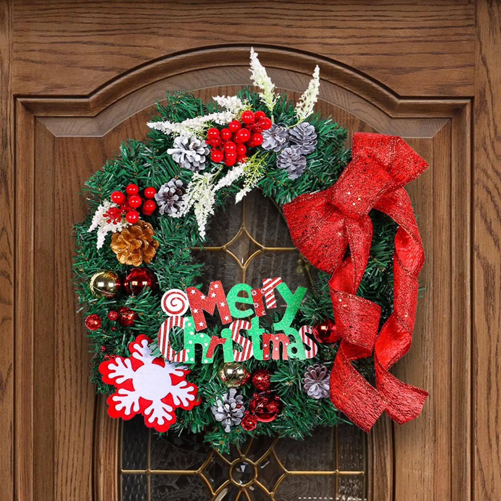 Christmas Wreath Door Hanging Ornament with Classic Element Christmas Garland Welcome Sign 15.8x15.8inch for Office Door Durable