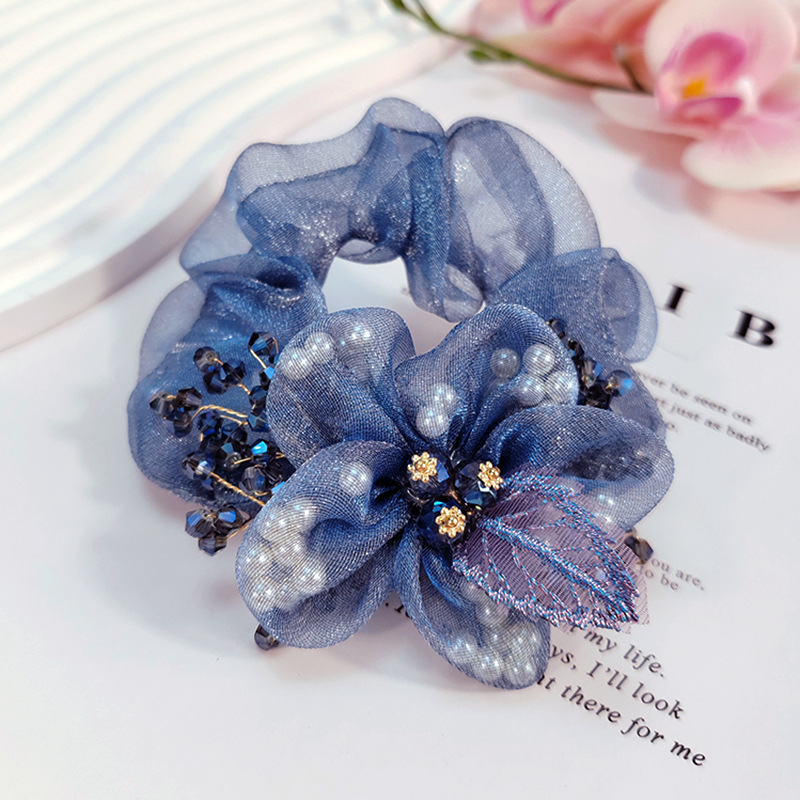 Neue Organza-Blumen-Accessoires Florale Scrunchies Kristall-Haargummi für Frauen Perlen-Haarbänder – Detail 9
