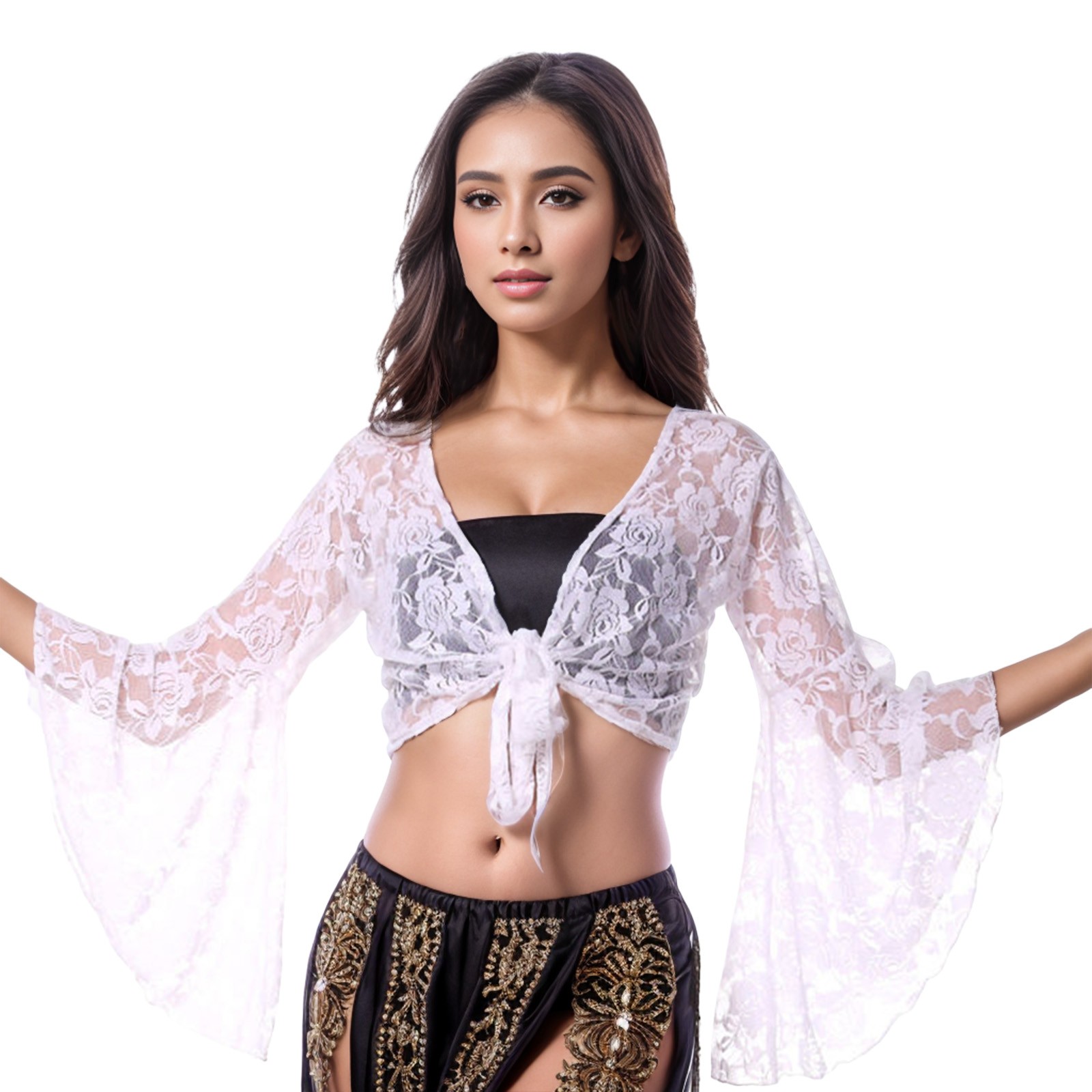 Description Picture 5 of itemWomen Belly Dance Costume Lace Tops Floral Long Sleeve Wrap Carnival Top Outfits Club Party Lace Long Sleeved Cardigan Shawl
