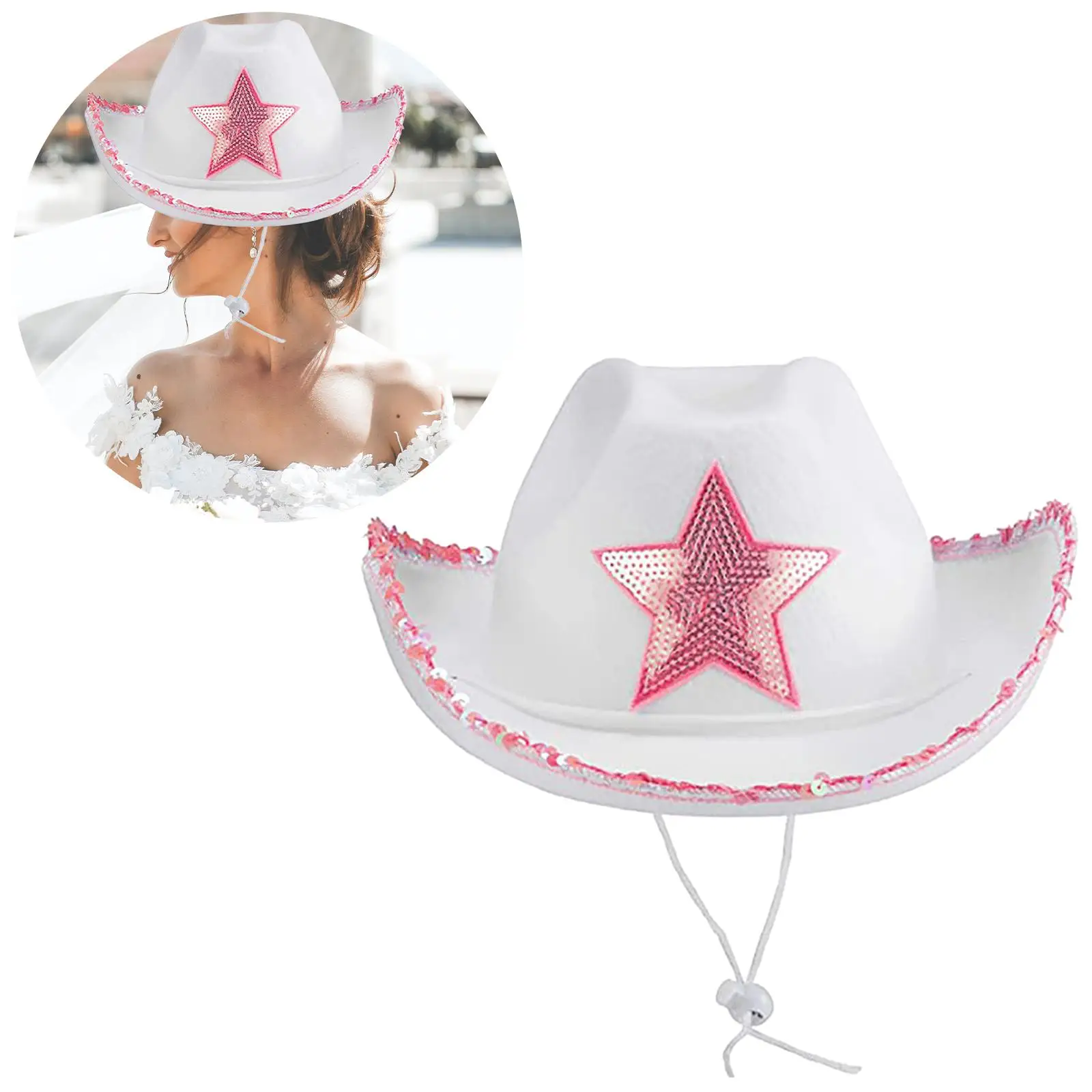 Novelty  Hat with Tiara Adjustable Neck Draw String White Felt Western Cowboy Hat for Women Ladies Dress up Fancy Dress Party