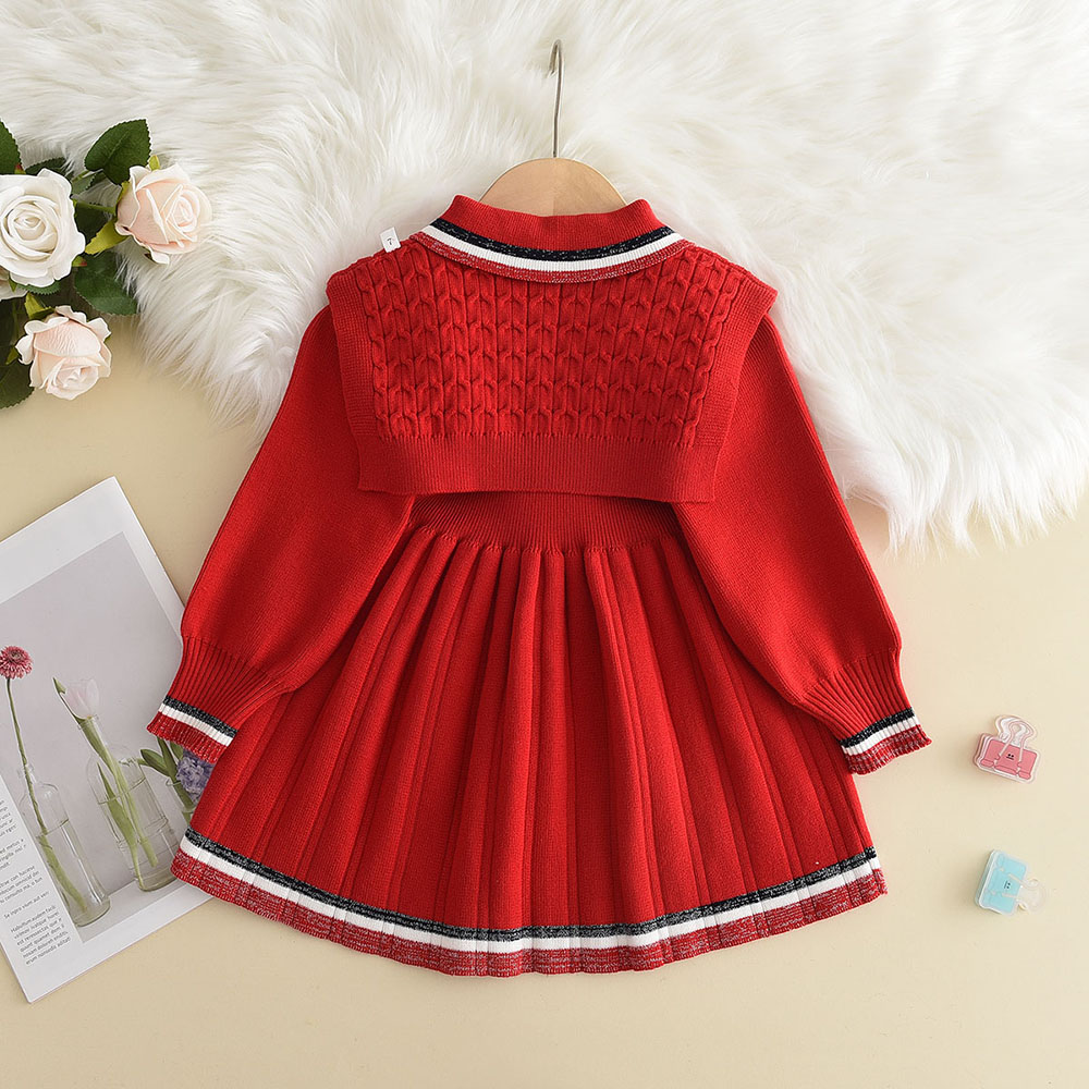 3-7 Jahre Alte Koreanische Version Marineblaues Süßes und Niedliches Mädchenkleid Herbst- und Winter-Strickkleid mit Langen Ärmeln für Kinder – Detail 11