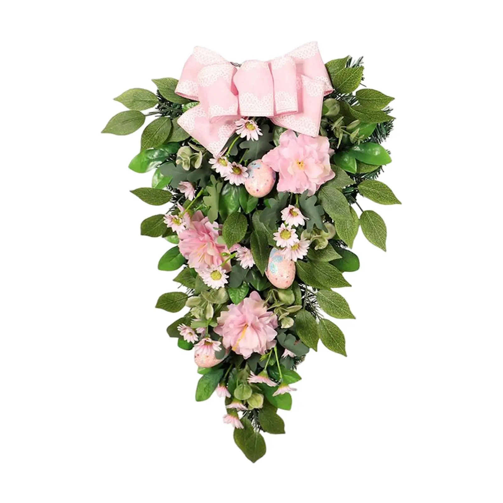 Easter Teardrop Wreath Wall Door Hanging with Bow Pink Easter Eggs for Festival Decoration