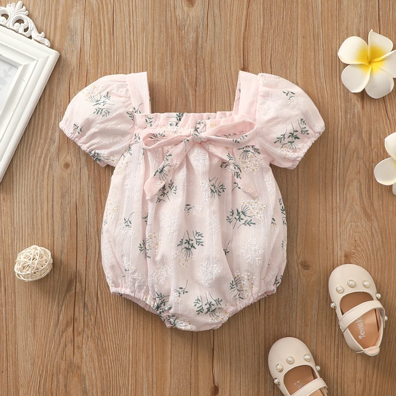 Lovely Summer Toddler Baby Girls Clothes Floral Print Bowknot Puff Short Sleeve Rompers Jumpsuits Newborn Infant Cotton Clothing Baby Bodysuits classic