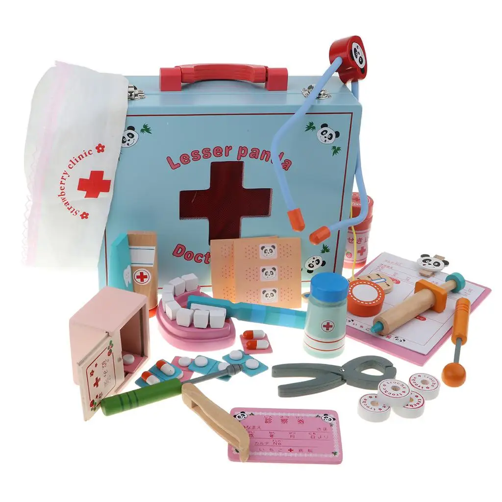 Panda Pattern 30pcs Wooden Doctor Cap Nurse Tools Kits Carry Suitcase Role Playing Set Kids Creative Toy