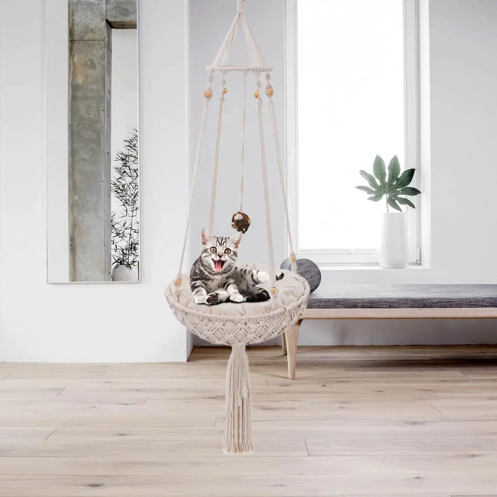 Cat Hammock Handwoven Bohemian Swing Bed with Cushion Hanging Perch Winter Blanket Toy for Basking Home Bedroom Decoration