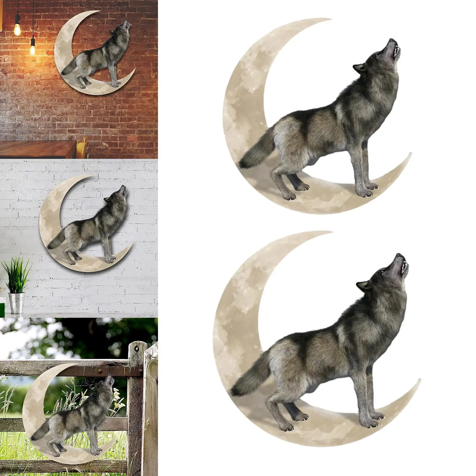 Metal Wolf Howling Sculpture Wall Decor Art Moon Ornament Office Patio