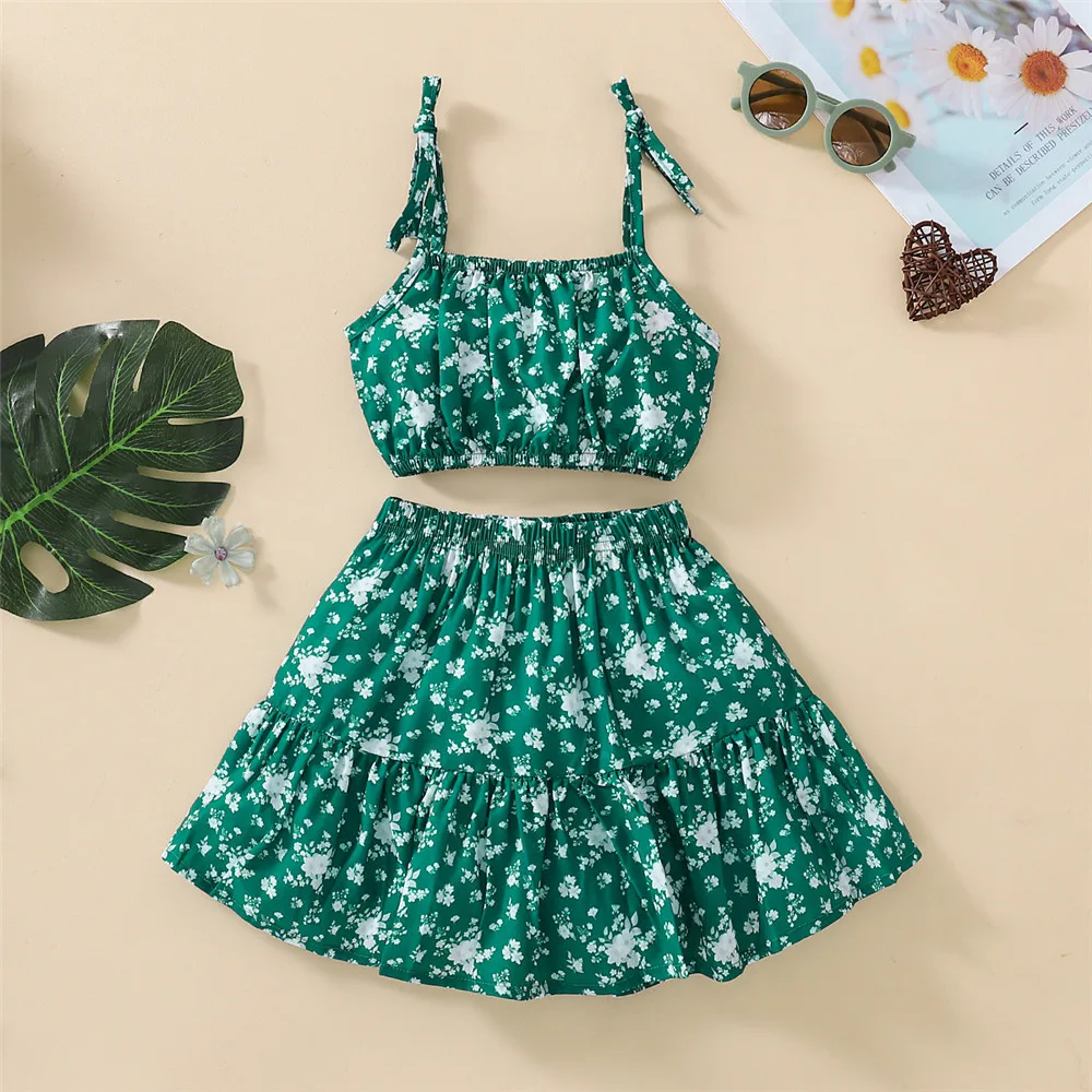 0-5Y Boho Kids Girl Clothes Set Green Floral Square Collar Sleeveless ...