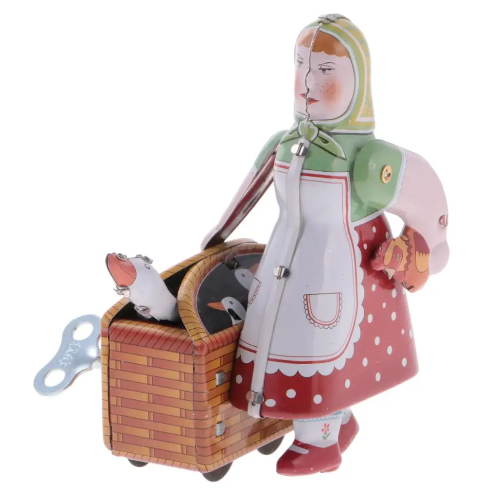 Tinplate Clockwork Toy Vinatge Farm Woman Carrying A Basket to Walk