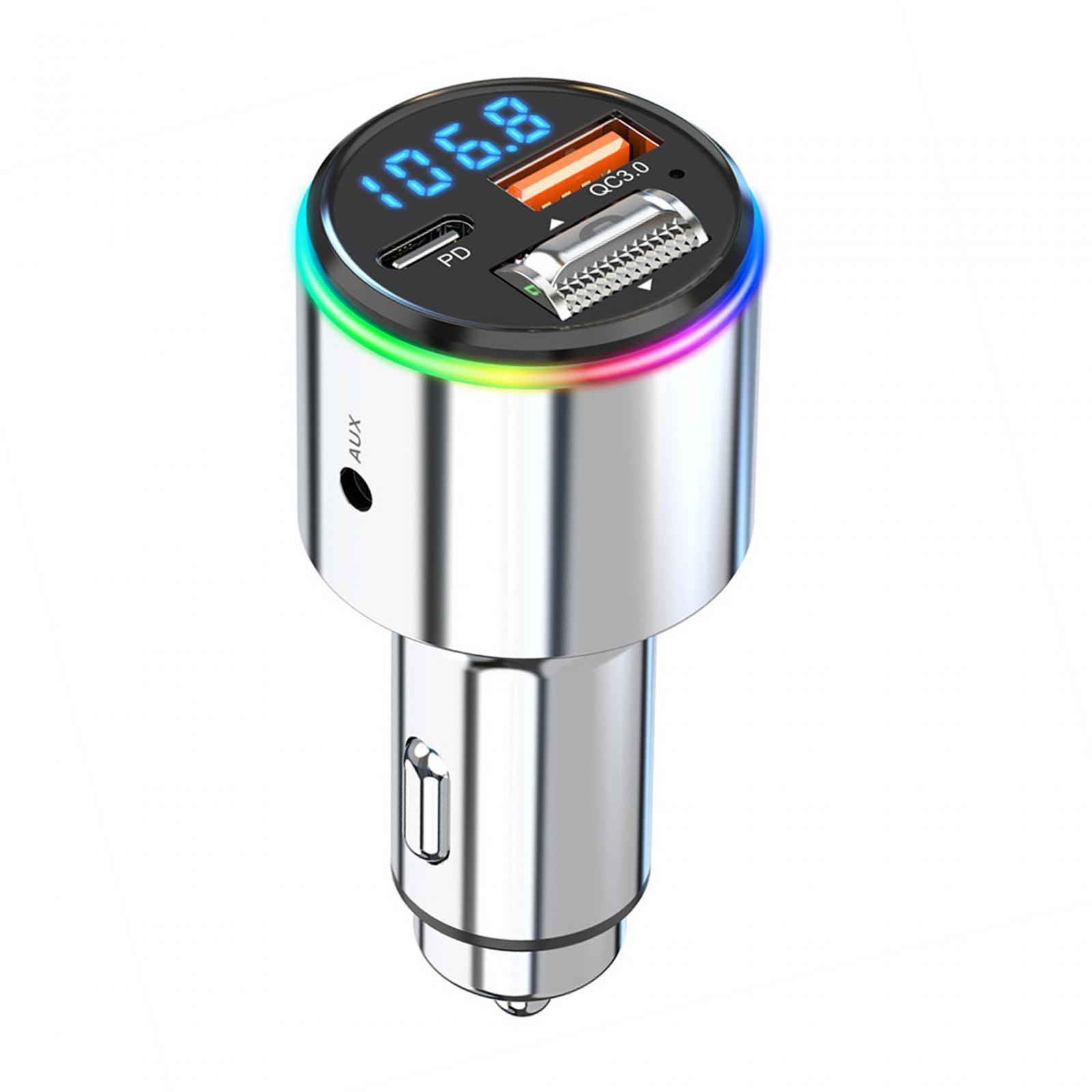 V5.3 FM Transmitter for Car Hands Free Calling BC1.2 with Mic with RGB Color AUX Input Output Bluetooth Car Adapter for SUV