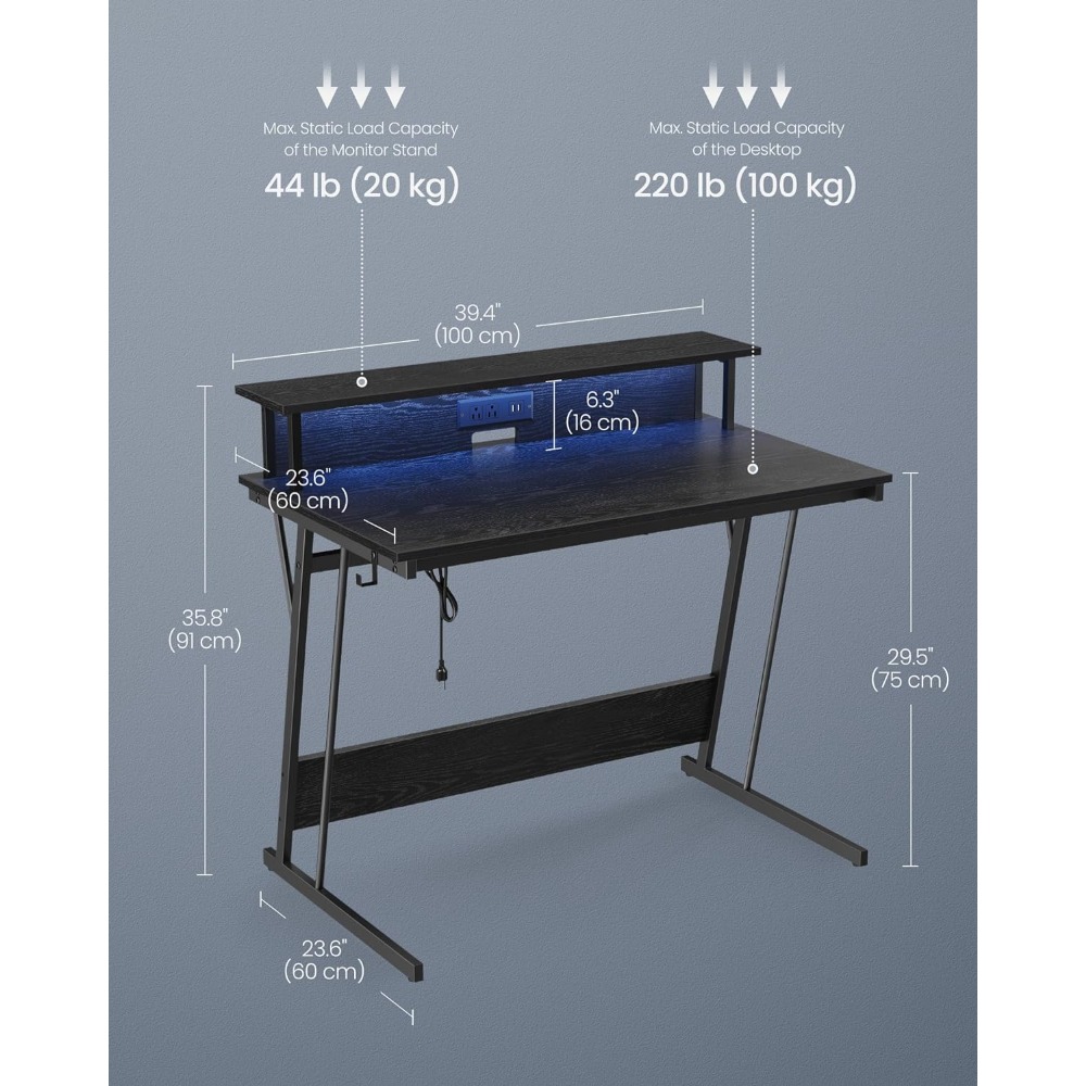 Description Picture 5 of itemLED Gaming Desk with Power Outlets, Computer Desk with USB Ports, Office Desk with Monitor Stand for 2 Monitors, with Hooks