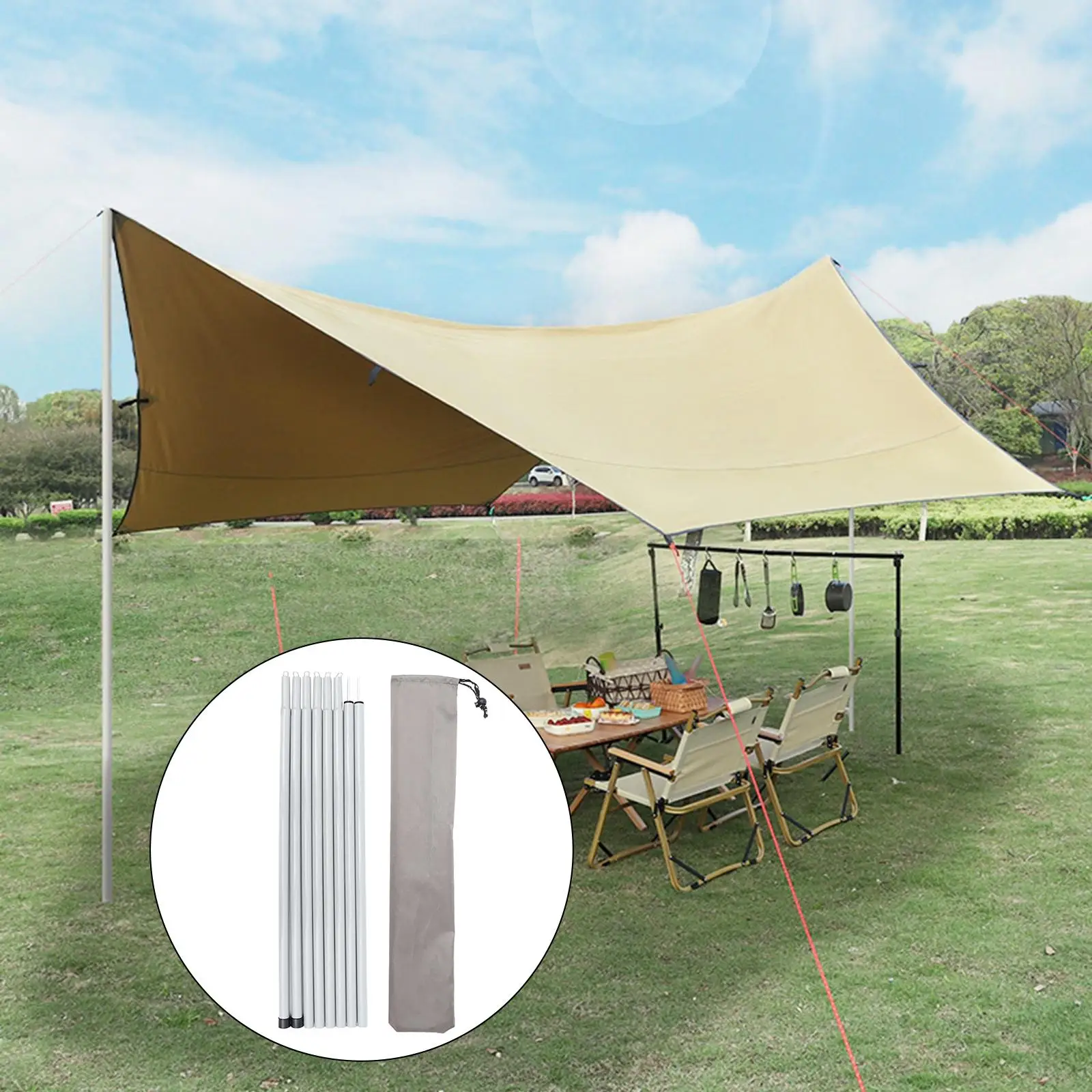 Adjustable Tarp Poles Iron Awning Support Pole with Storage Bag Lightweight Support Rods for Camping Awning Rod Holder