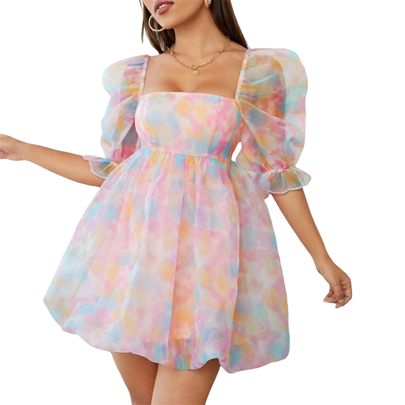 Fairy Mesh Dress y2k Women Aesthetic Gradient Color Puff Sleeve Princess Dress Square Neck Short Prom Party Dresses