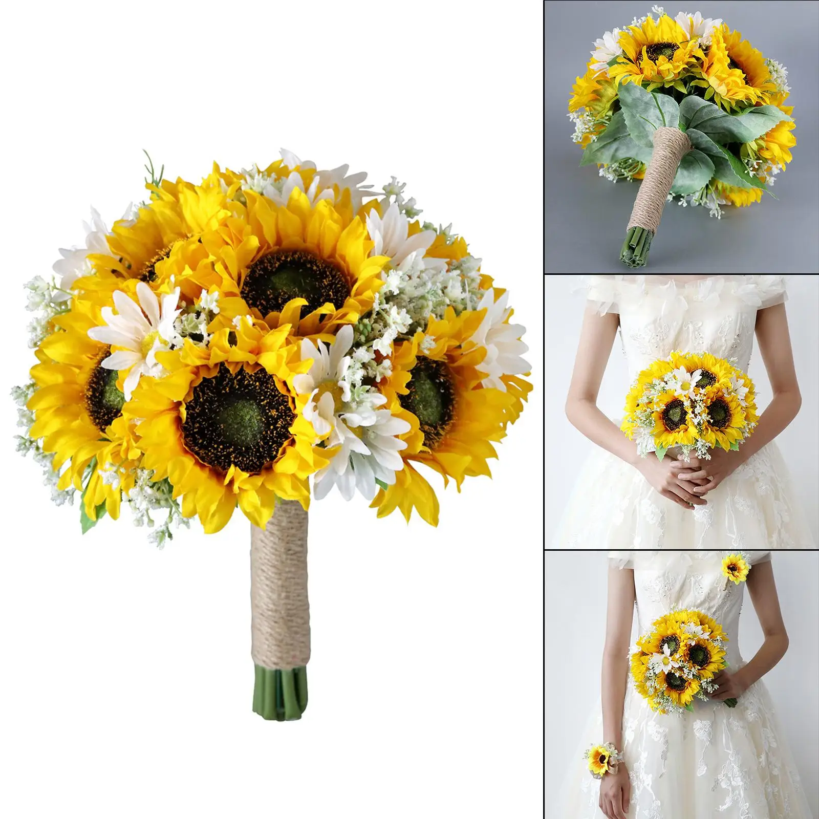 Romantic Wedding Bride Bouquet with Linen Rope Sunflowers  Artificial Flowers for Festival Wedding Ceremony Decor Centerpiece