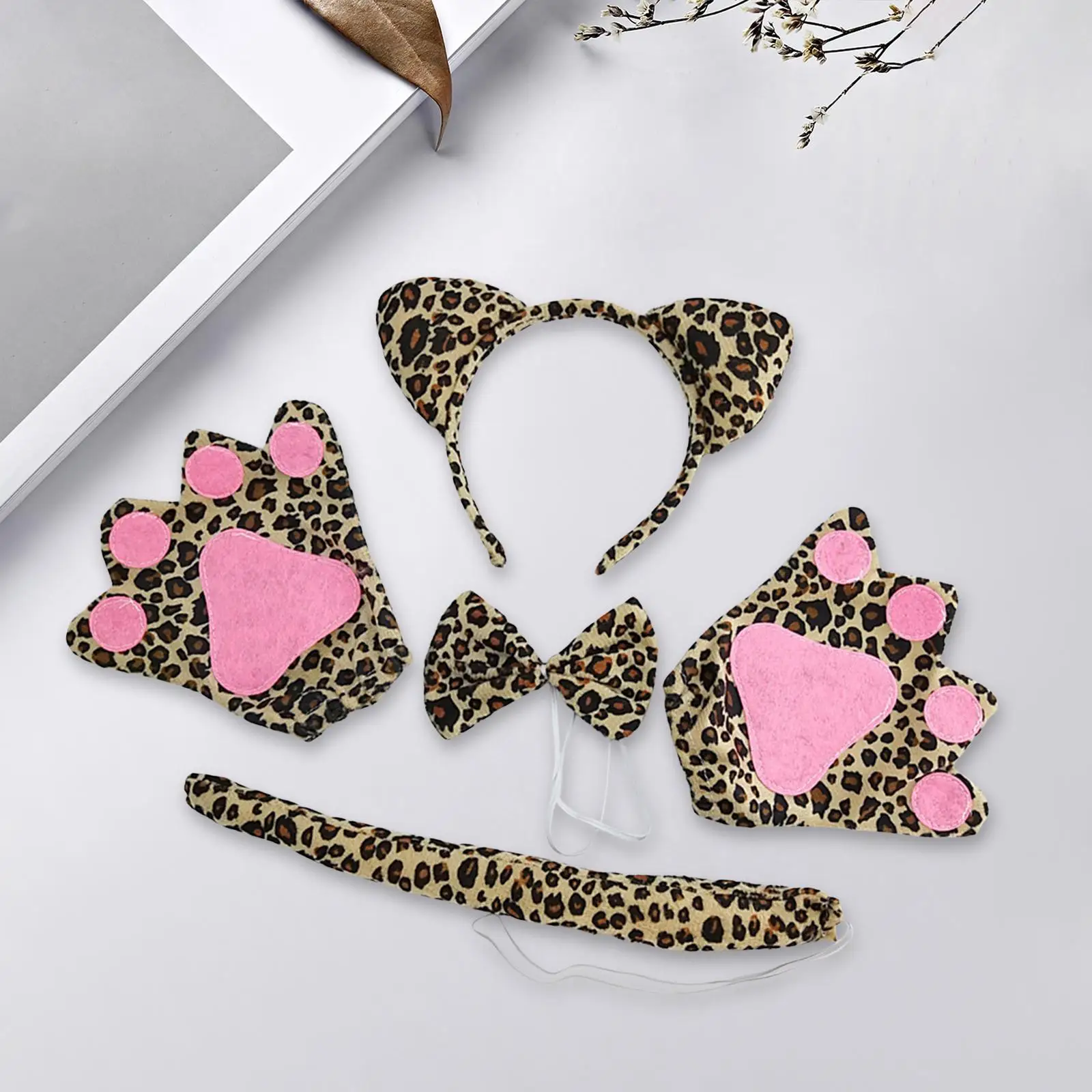 4x Leopard Costume Set Gloves Hair Accessory Ears Tail Bow Tie Animal Dress Set for Adults Performance Carnival Party Decoration