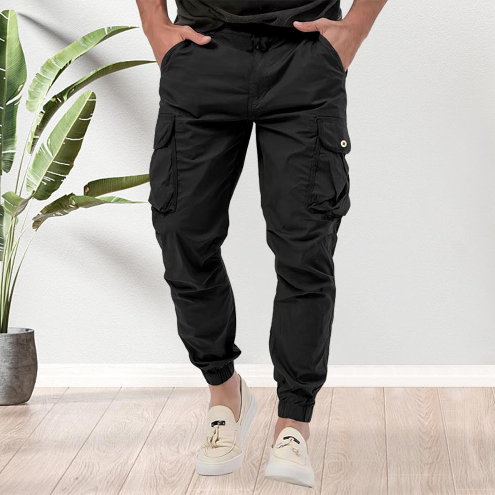 Description Picture 5 of itemMen Pants Mid Waist Multi Pockets Button Zipper Closure  Cargo Pants Solid Color Loose Ankle-banded Long Trousers For Dating