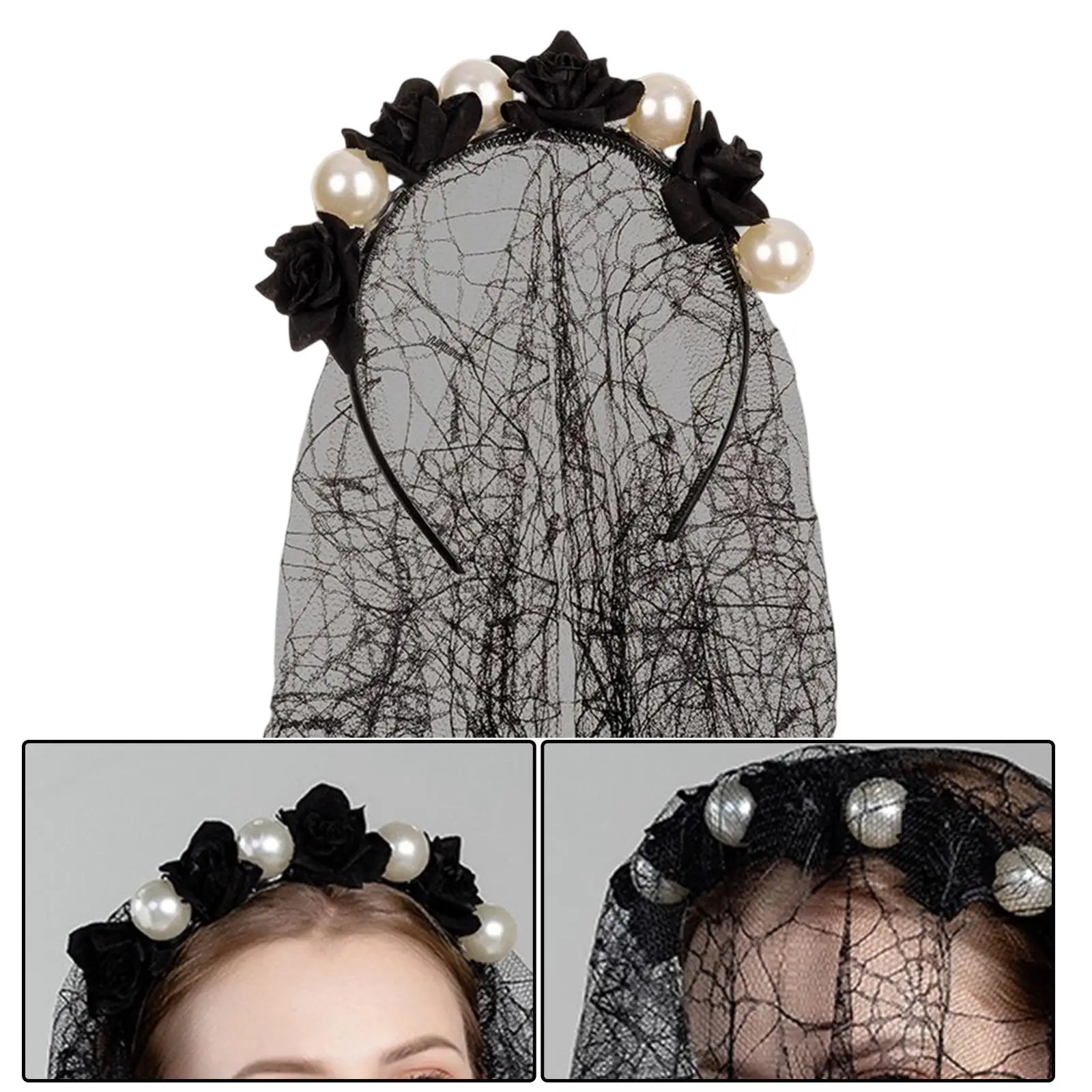 Lace Halloween Veil Flower Headband Bridal Costume Accessory Gothic Headpiece for Cosplay Festival Fancy Dress Party Girls
