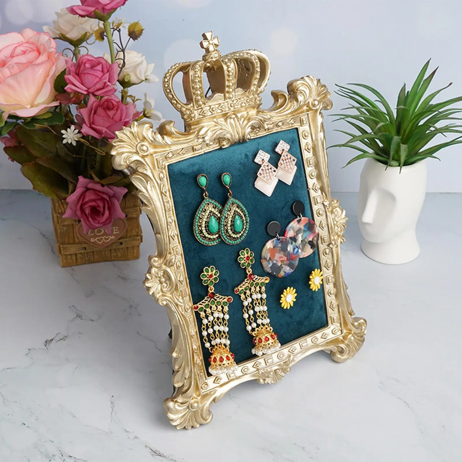 Photo Frame Decorative Ear Stud Holder Jewelry Tray Desktop Pad Velvet Earrings Stand Display for Home Party Bathroom Dresser