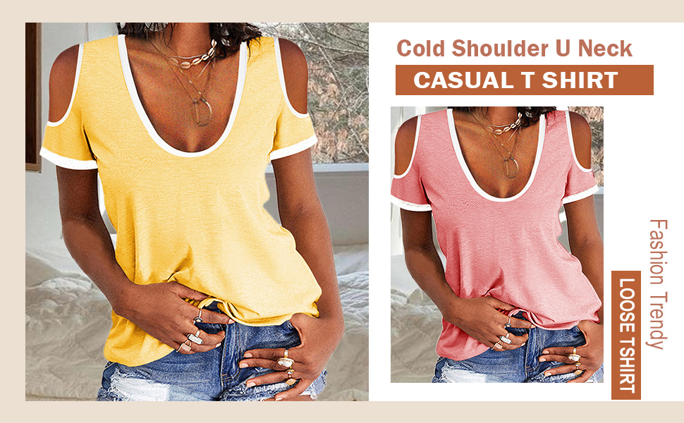 T-shirt da donna a maniche corte con scollo rotondo e spalle scoperte casual974_voghion.com