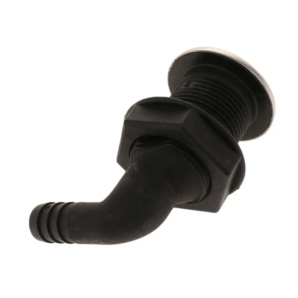 Universal 90 Degree Thru-Hull Connector, Black Finish with Stainless Rim for Marine Boat