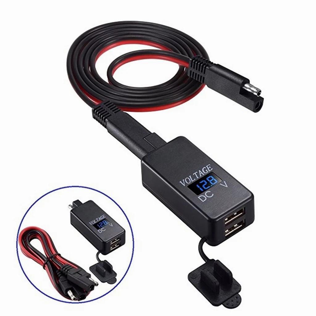 Universal for Car SAE To USB Adapter with Voltmeter Motorcycle Quick Disconnect Plug with Waterproof Dual USB Charger