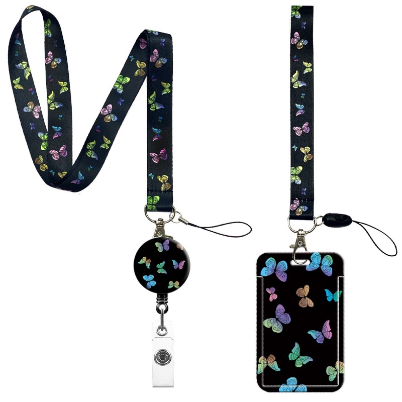 Bunter Schmetterling, einziehbar, leicht zu ziehend, Abzeichenrolle, lang, kurz, Handy-Lanyard, Kartenhalter, Zertifikat, Porta, Credencial – Detail 4