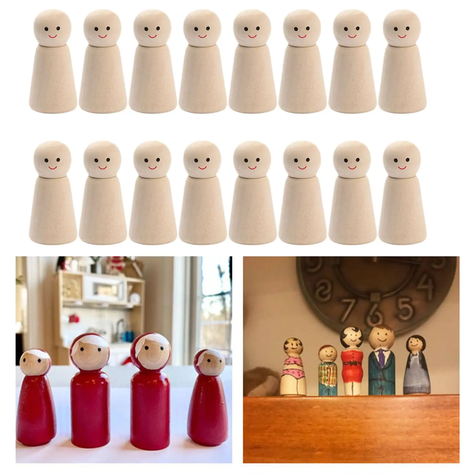 16pcs/set Unfinished Wooden Peg Dolls People Unpainted Hobby Woodworking