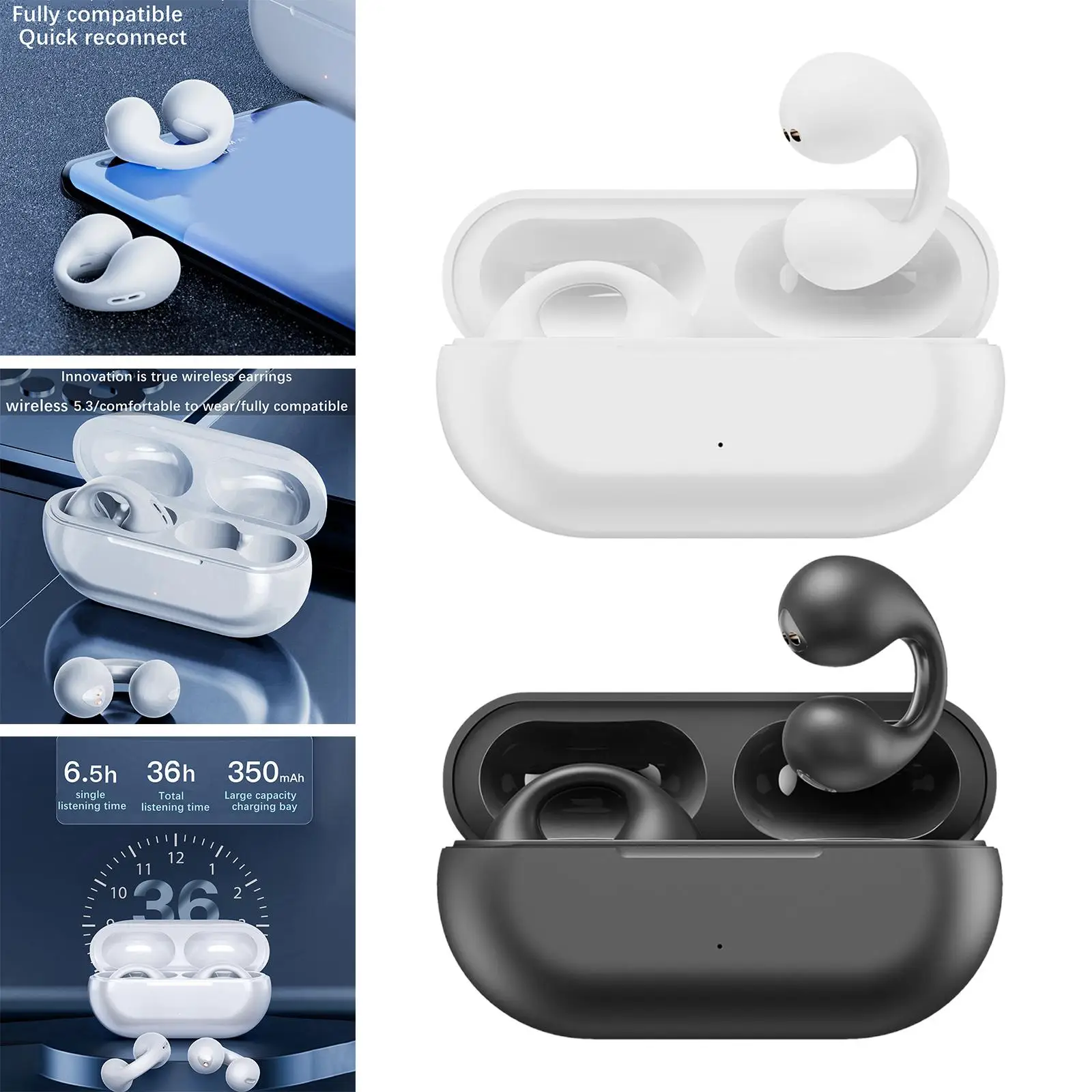 Headphones V5.3 Noise Reduction Ear clip wearing Ergonomic Earpiece for Gym Running Working Computer All Smart Phones