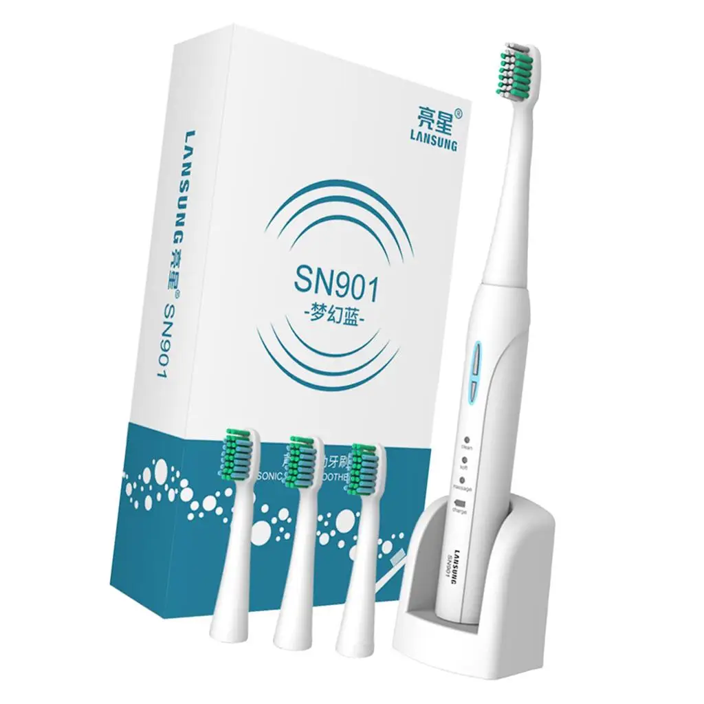 Sound Wave Rechargeable Eletric Toothbrushes + 3 Replacement Brush Heads Multi-angle Brushing