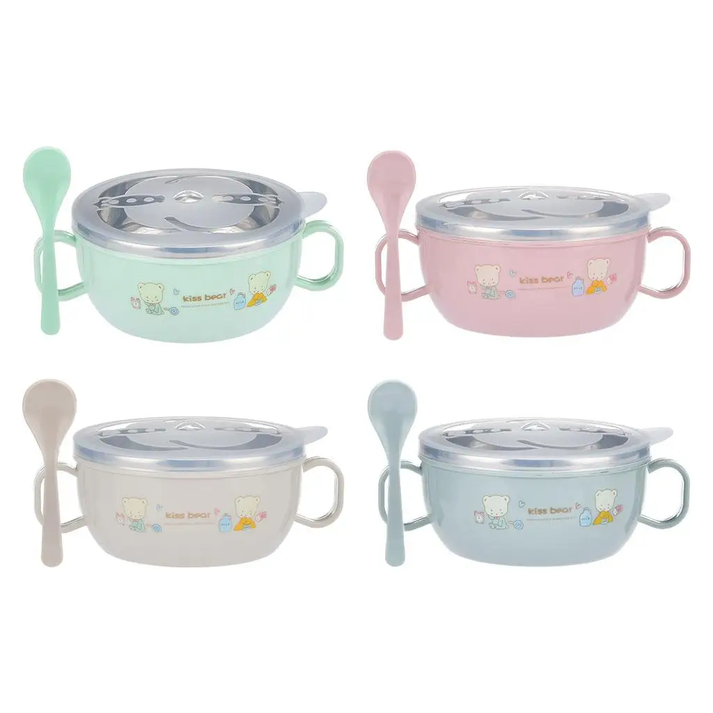 Children Insulation Bowl Spoon Set Food Container Anti Falling Tableware Stainless Steel Baby Bowl Double Ear Food Bowl