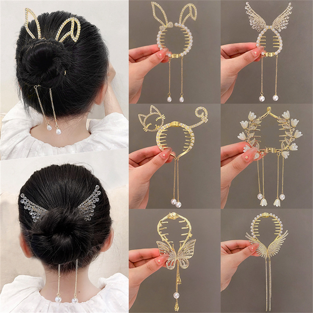 Best of Pearl Tassel Rhinestone Hair Clasp Bun Maker Hair Claw For Girls High Ponytail Hair Clip Temperament Hair Buckle Headdress 2024 Reviews & Tips