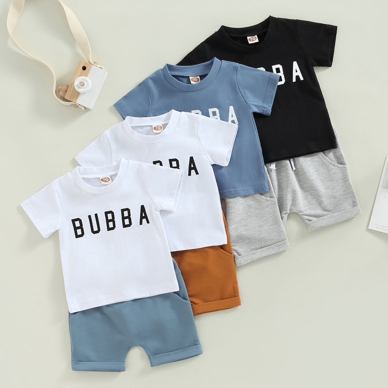 FOCUSNORM 4 Farben Sommer Kausalen Baby Jungen Kleidung Sets 2 stücke Brief Drucken Kurzarm Pullover T Shirts + Solide shorts – Detail 8