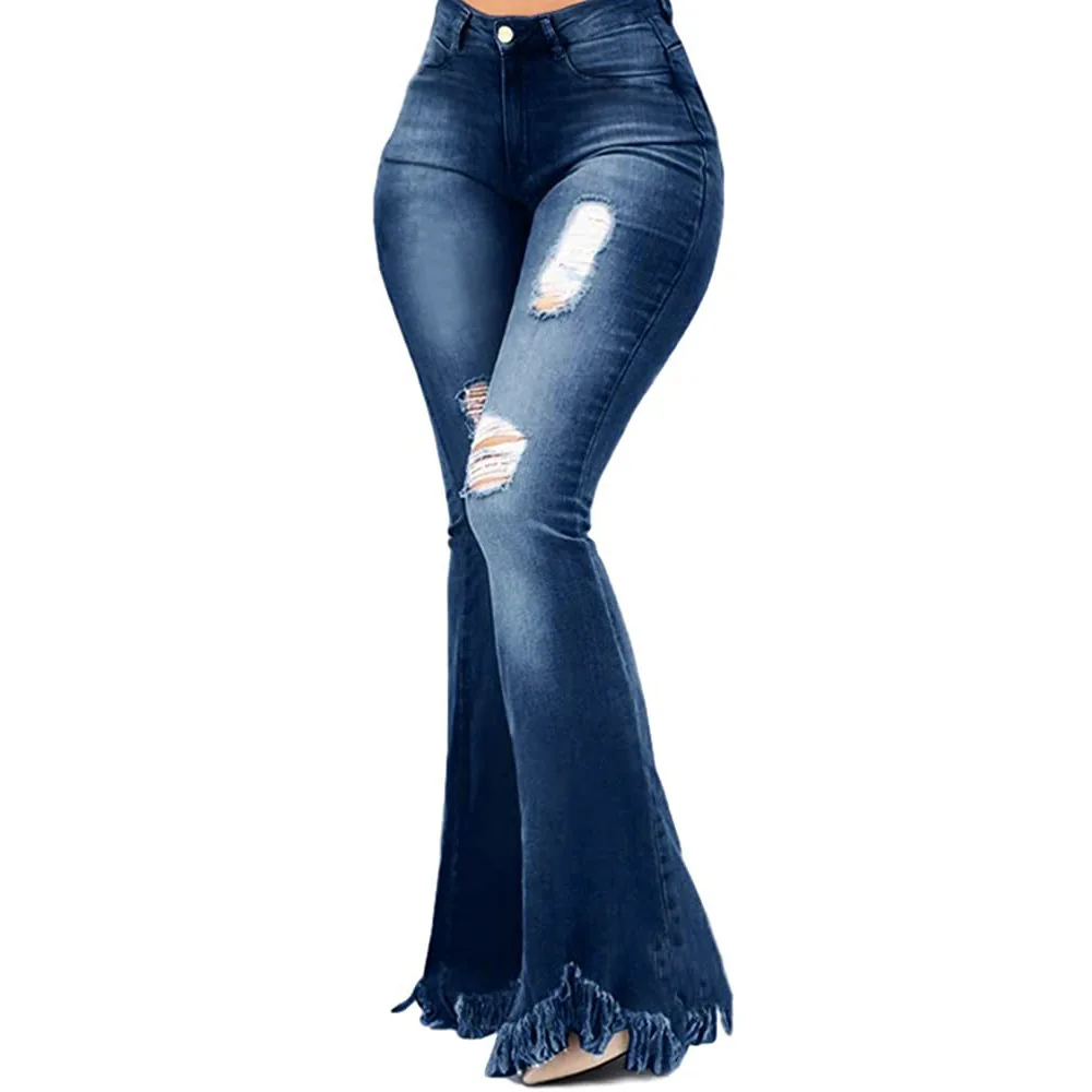 slim fit Tilorraine 2022 European and American versatile slim fit wide legs washed and perforated denim flared pants jeans ripped women topshop jeans