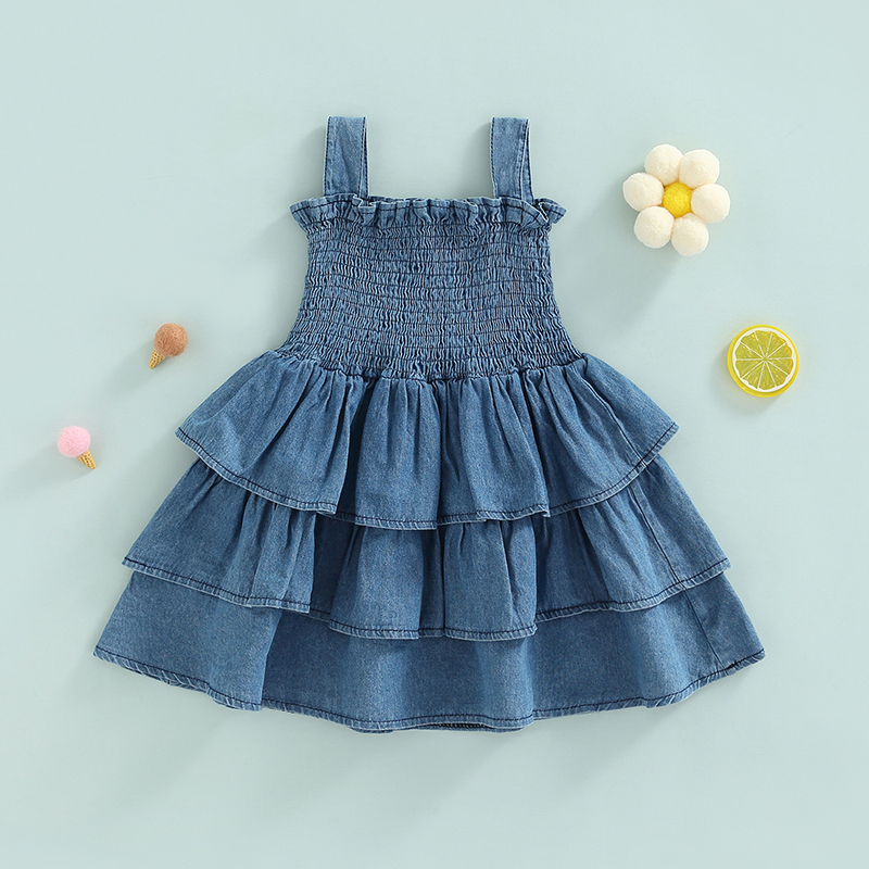 Focus norm 0-4y Sommer Prinzessin Baby Mädchen Kleid blau Denim Rüschen ärmel los hohe Taille geschichtet Sommerkleid – Detail 5