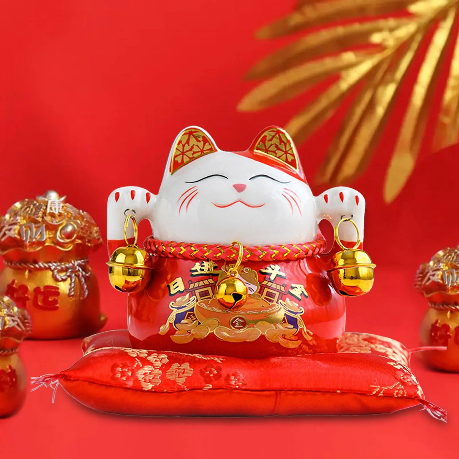 Chinese Style Lucky Cat Money Bank Ceramic Ornament Craft Kitten Statue for Restaurant Desk Fireplace Bedroom Decor